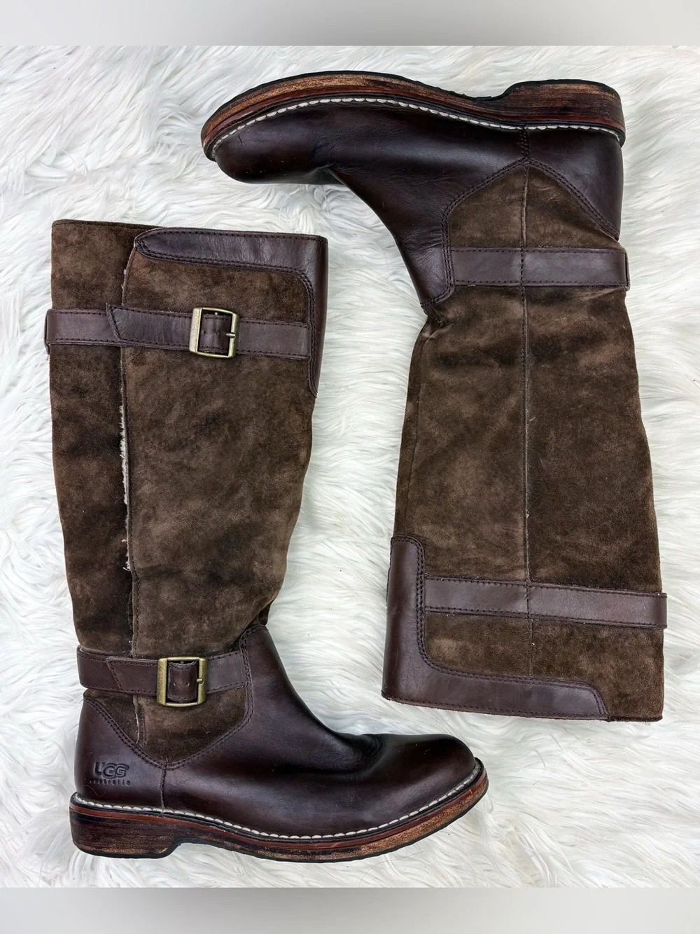 UGG Dunwich Shearling Sherpa Lined Suede Leather Tall Riding Boots Winter Brown